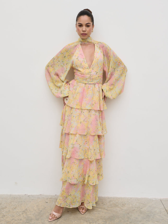 Elissa Is 5'8.5" & Wears Size UK 8|Anya Ruffle Maxi Dress - Pastel Multi Abstract Print