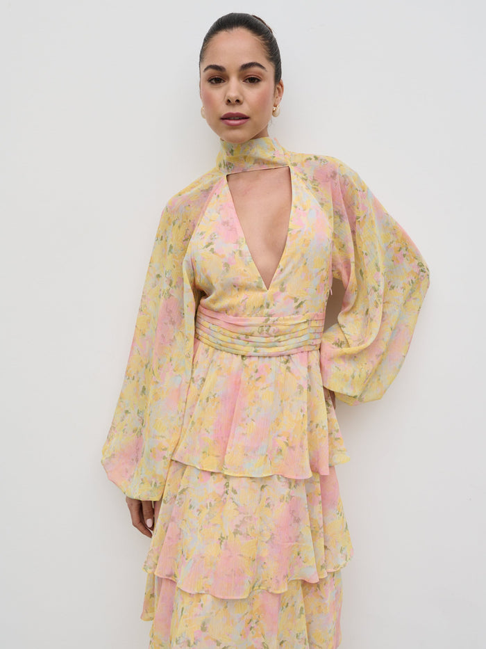 Elissa Is 5'8.5" & Wears Size UK 8|Anya Ruffle Maxi Dress - Pastel Multi Abstract Print
