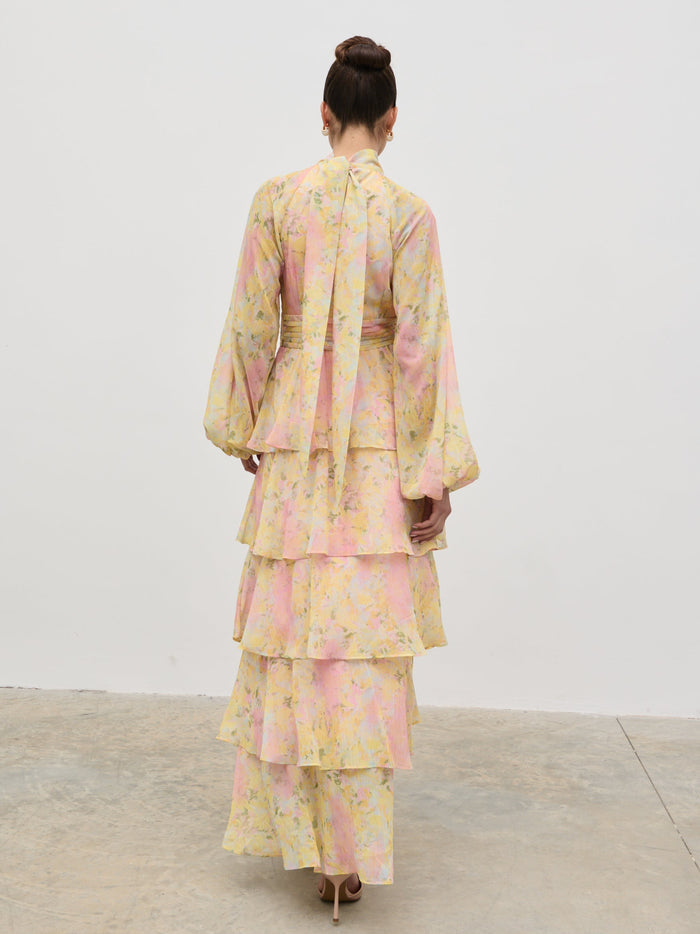 Elissa Is 5'8.5" & Wears Size UK 8|Anya Ruffle Maxi Dress - Pastel Multi Abstract Print