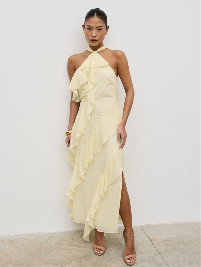 Elle Is 5'3" & Wears Size UK 6|Aria Halterneck Ruffle Midaxi Dress - Lemon