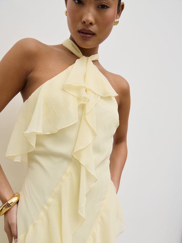 Elle Is 5'3" & Wears Size UK 6|Aria Halterneck Ruffle Midaxi Dress - Lemon