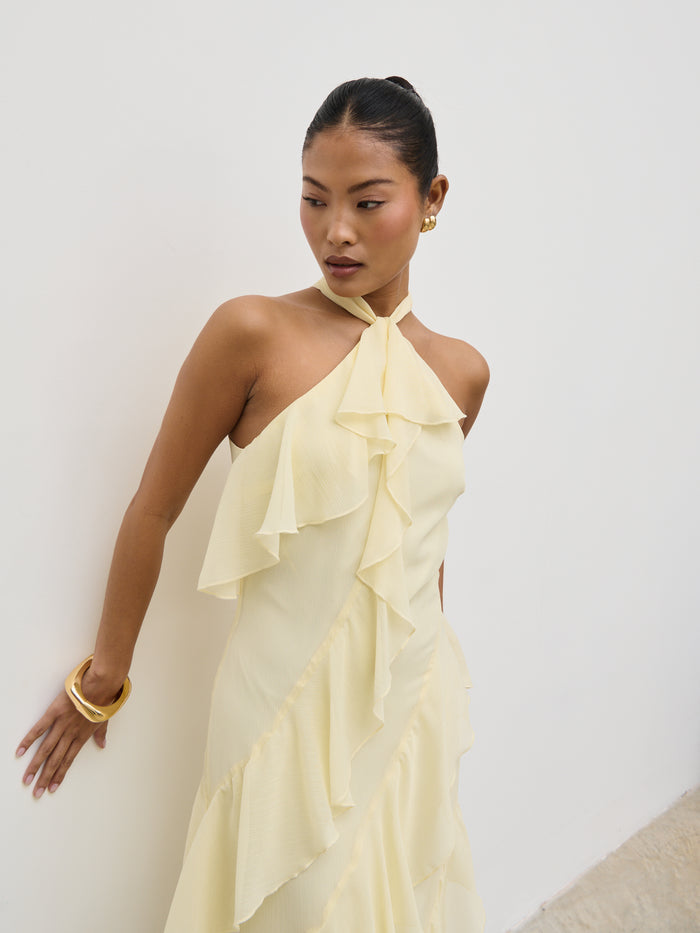Elle Is 5'3" & Wears Size UK 6|Aria Halterneck Ruffle Midaxi Dress - Lemon
