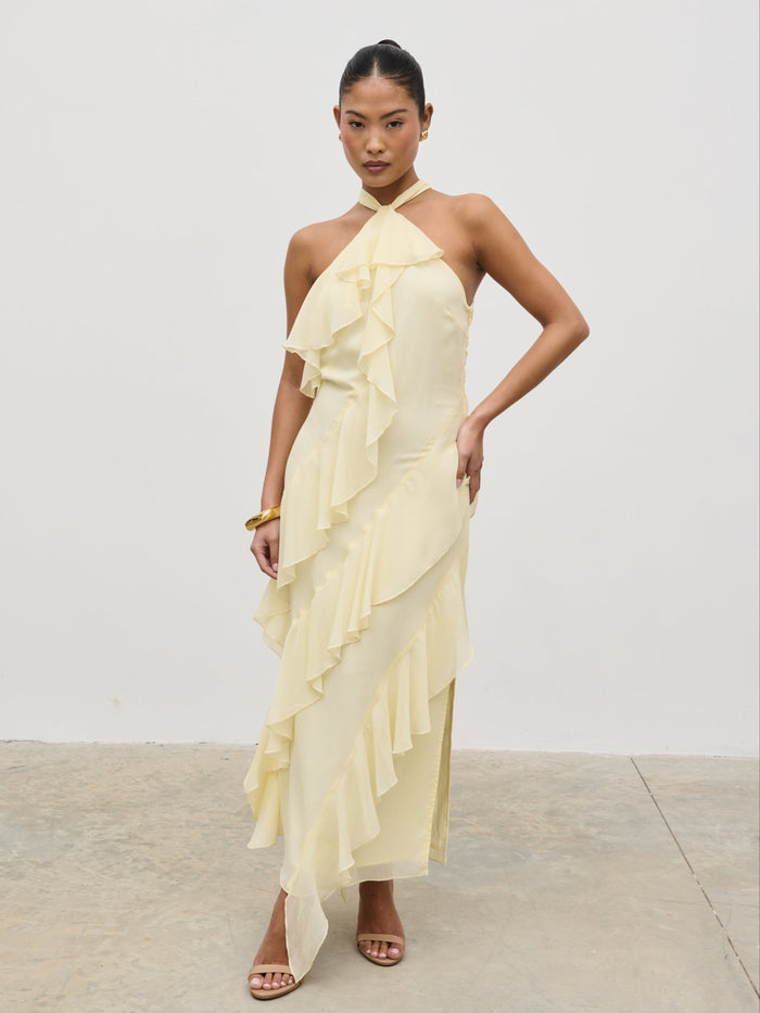 Elle Is 5'3" & Wears Size UK 6|Aria Halterneck Ruffle Midaxi Dress - Lemon