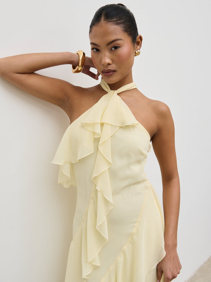 Elle Is 5'3" & Wears Size UK 6|Aria Halterneck Ruffle Midaxi Dress - Lemon