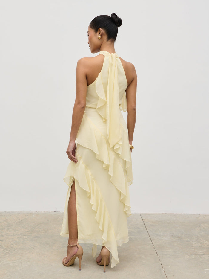 Elle Is 5'3" & Wears Size UK 6|Aria Halterneck Ruffle Midaxi Dress - Lemon