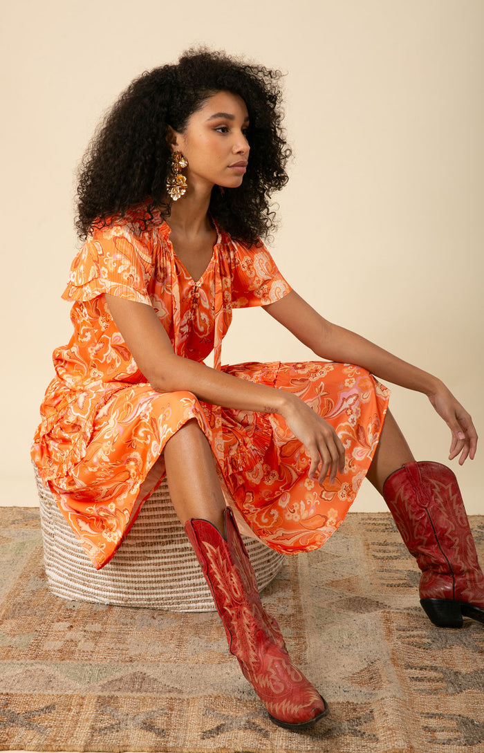 Ariyah Drop Waist Midi Dress, color_orange