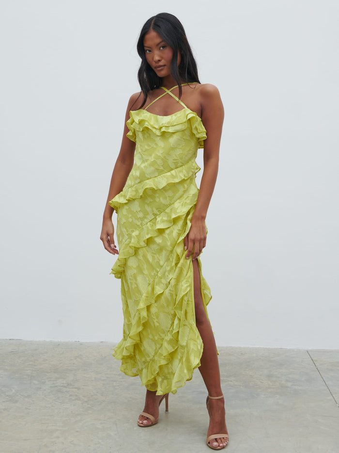 Elle Is 5'3" & Wears Size UK 6|Aryana Jacquard Ruffle Midaxi Dress - Chartreuse