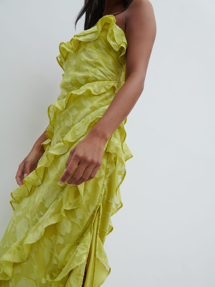 Elle Is 5'3" & Wears Size UK 6|Aryana Jacquard Ruffle Midaxi Dress - Chartreuse