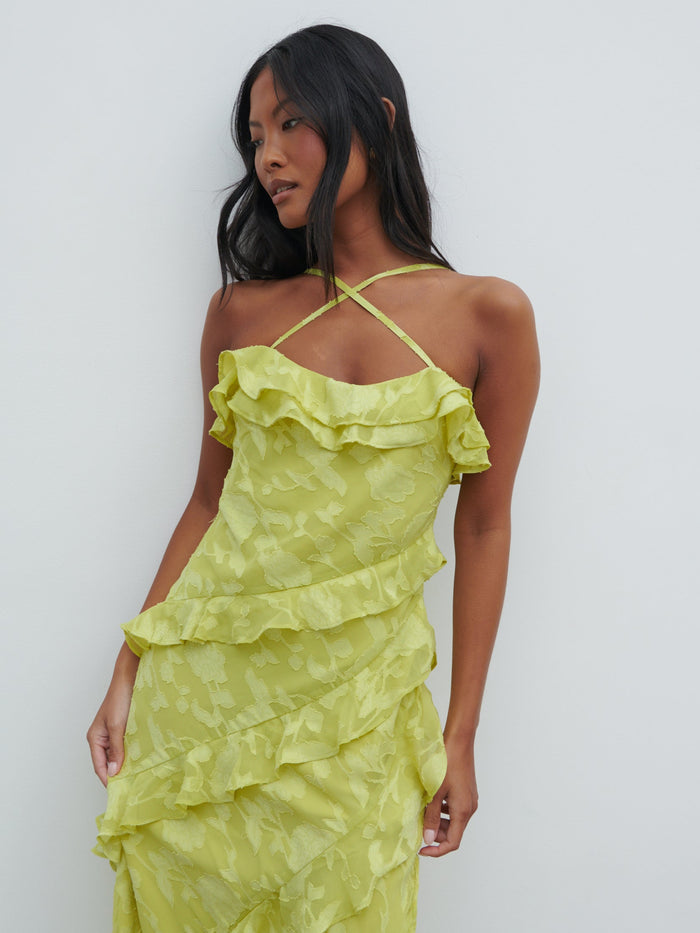 Elle Is 5'3" & Wears Size UK 6|Aryana Jacquard Ruffle Midaxi Dress - Chartreuse