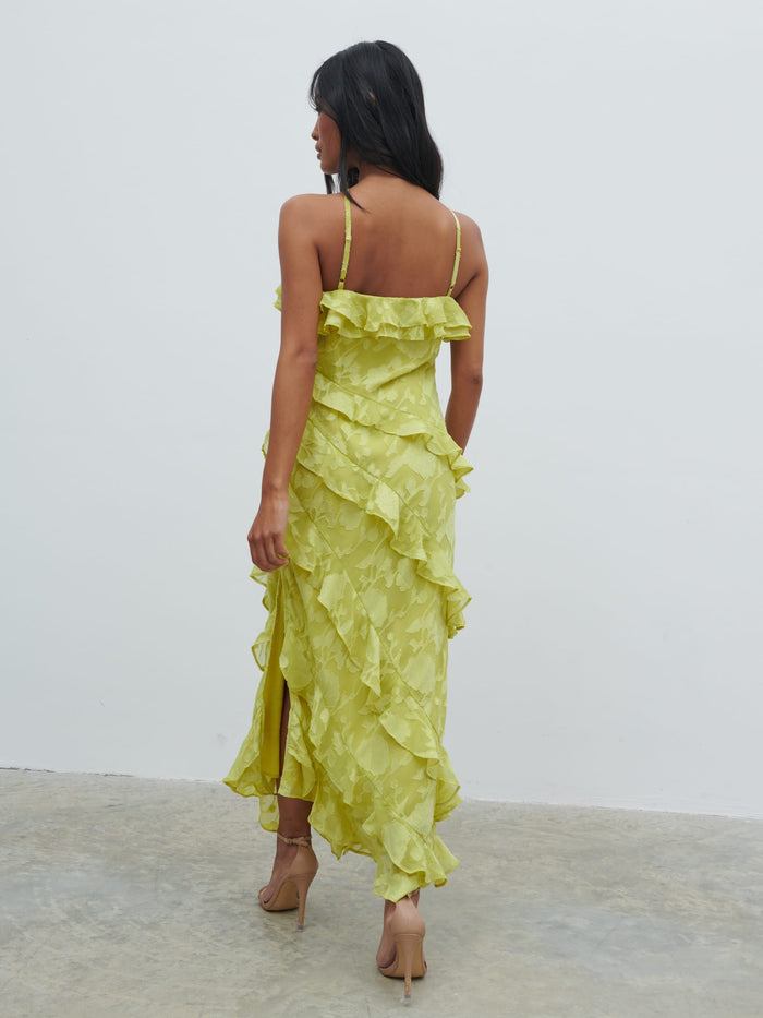 Elle Is 5'3" & Wears Size UK 6|Aryana Jacquard Ruffle Midaxi Dress - Chartreuse