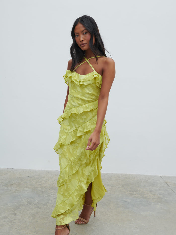 Elle Is 5'3" & Wears Size UK 6|Aryana Jacquard Ruffle Midaxi Dress - Chartreuse