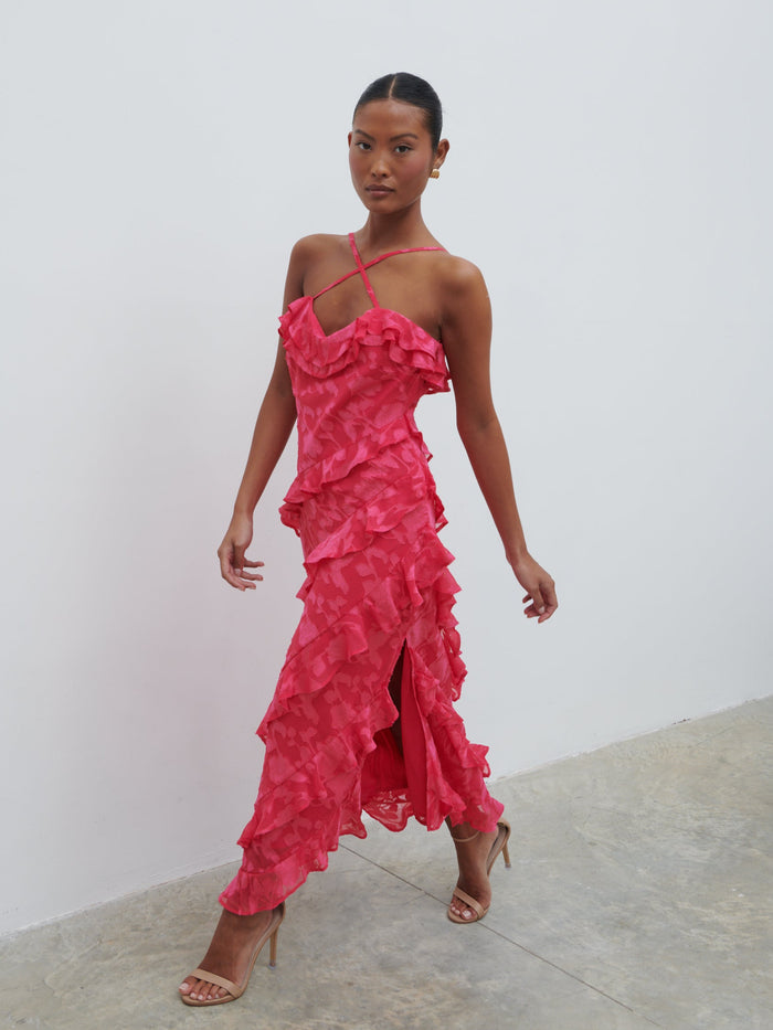 Elle Is 5'3" & Wears Size UK 8|Aryana Jacquard Ruffle Midaxi Dress - Fuchsia