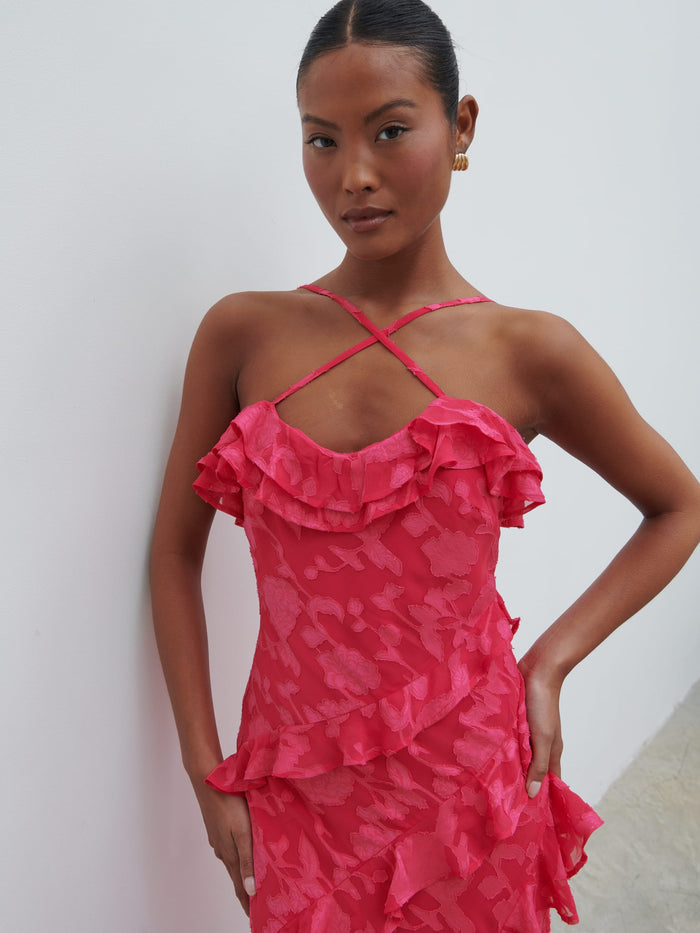 Elle Is 5'3" & Wears Size UK 8|Aryana Jacquard Ruffle Midaxi Dress - Fuchsia