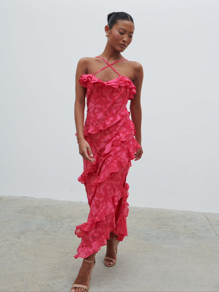 Elle Is 5'3" & Wears Size UK 8|Aryana Jacquard Ruffle Midaxi Dress - Fuchsia