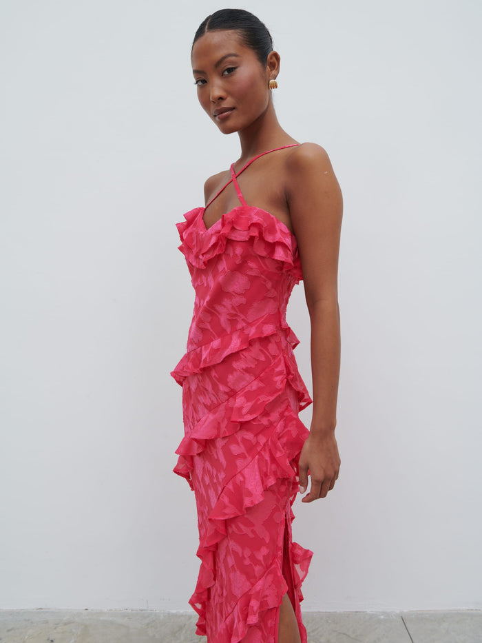 Elle Is 5'3" & Wears Size UK 8|Aryana Jacquard Ruffle Midaxi Dress - Fuchsia