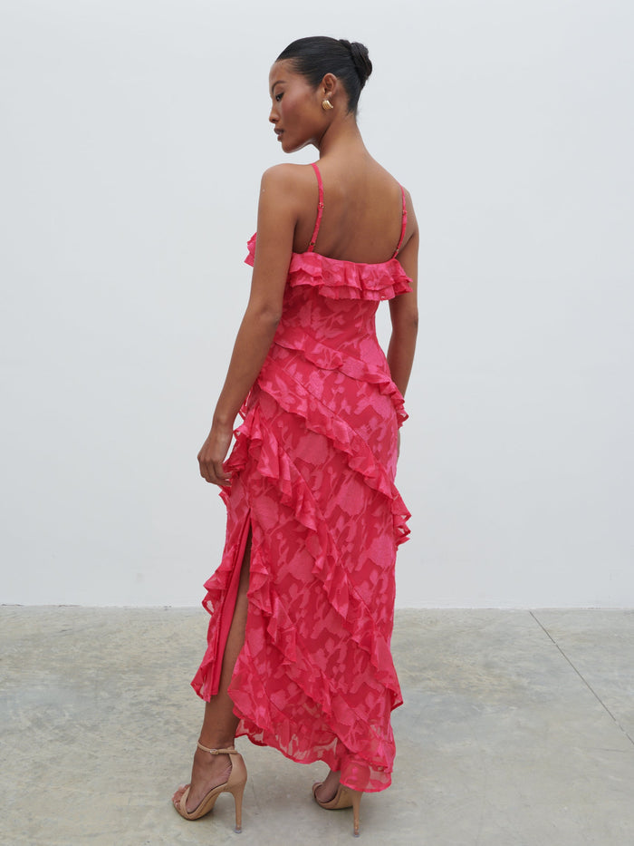 Elle Is 5'3" & Wears Size UK 8|Aryana Jacquard Ruffle Midaxi Dress - Fuchsia