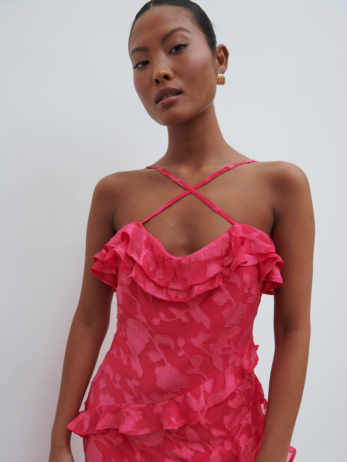 Elle Is 5'3" & Wears Size UK 8|Aryana Jacquard Ruffle Midaxi Dress - Fuchsia