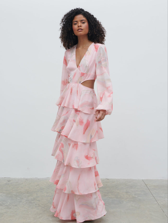 Graziela Is 5'9.5" & Wears Size UK 8|Ashton Cut Out Maxi Dress - Pink Marble Ombre