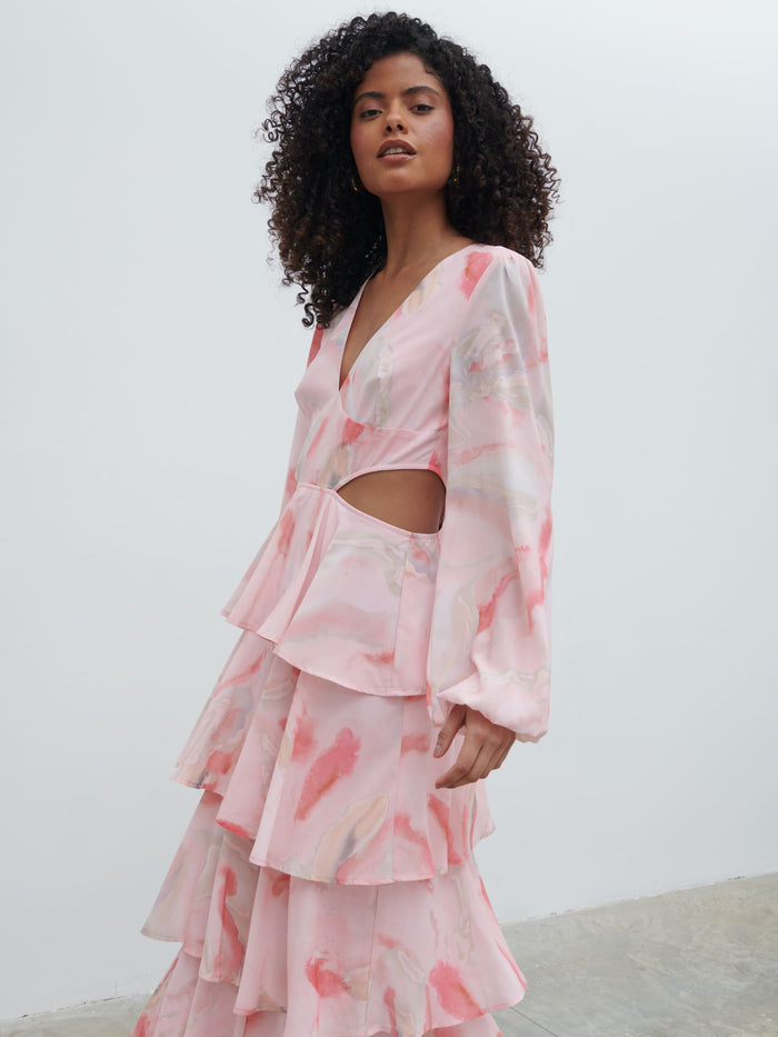 Graziela Is 5'9.5" & Wears Size UK 8|Ashton Cut Out Maxi Dress - Pink Marble Ombre