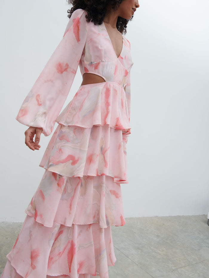 Graziela Is 5'9.5" & Wears Size UK 8|Ashton Cut Out Maxi Dress - Pink Marble Ombre
