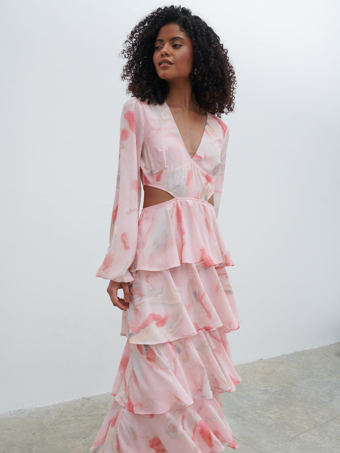 Graziela Is 5'9.5" & Wears Size UK 8|Ashton Cut Out Maxi Dress - Pink Marble Ombre