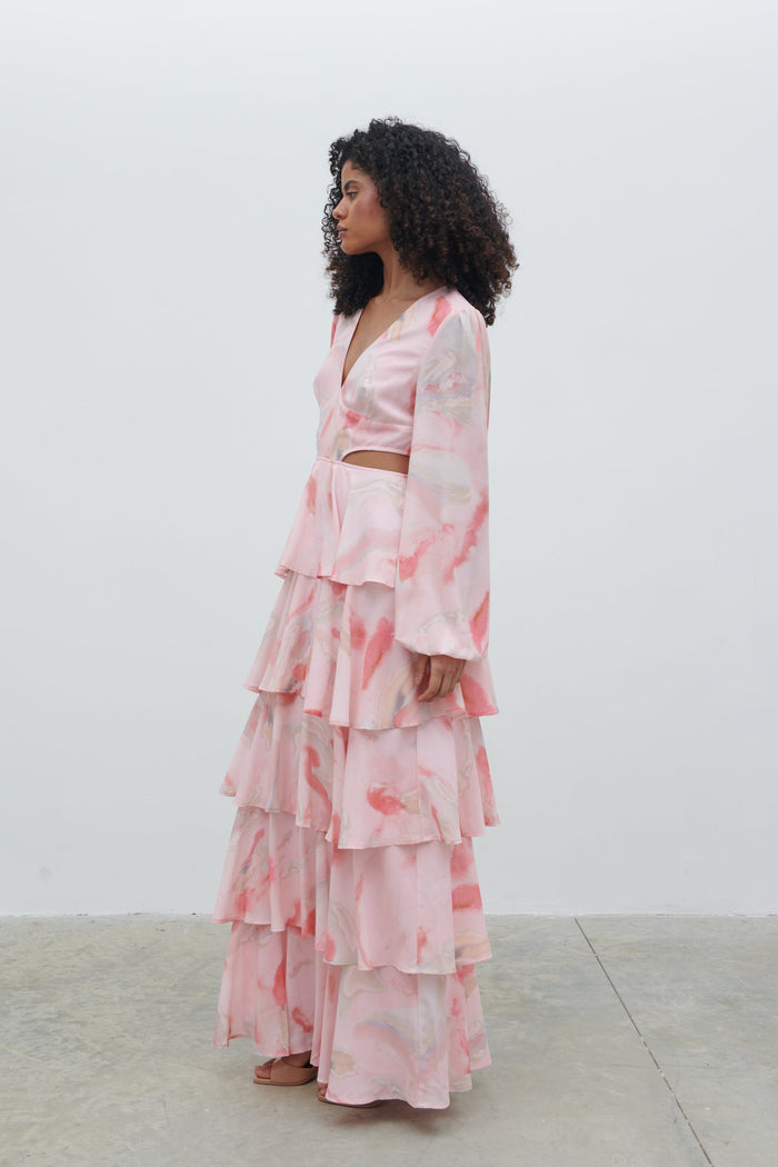 Graziela Is 5'9.5" & Wears Size UK 8|Ashton Cut Out Maxi Dress - Pink Marble Ombre