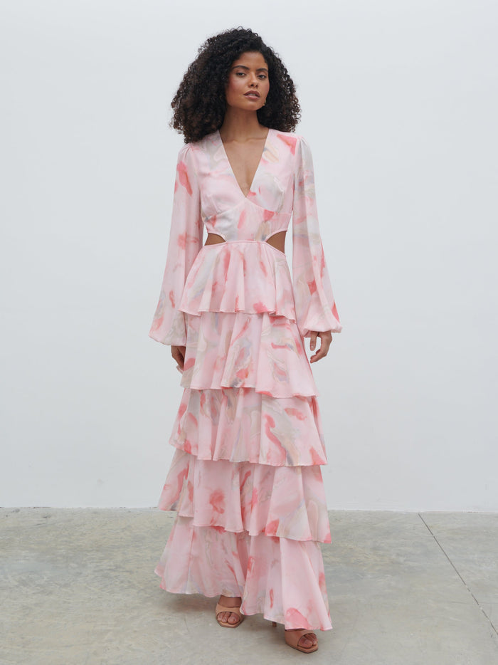 Graziela Is 5'9.5" & Wears Size UK 8|Ashton Cut Out Maxi Dress - Pink Marble Ombre