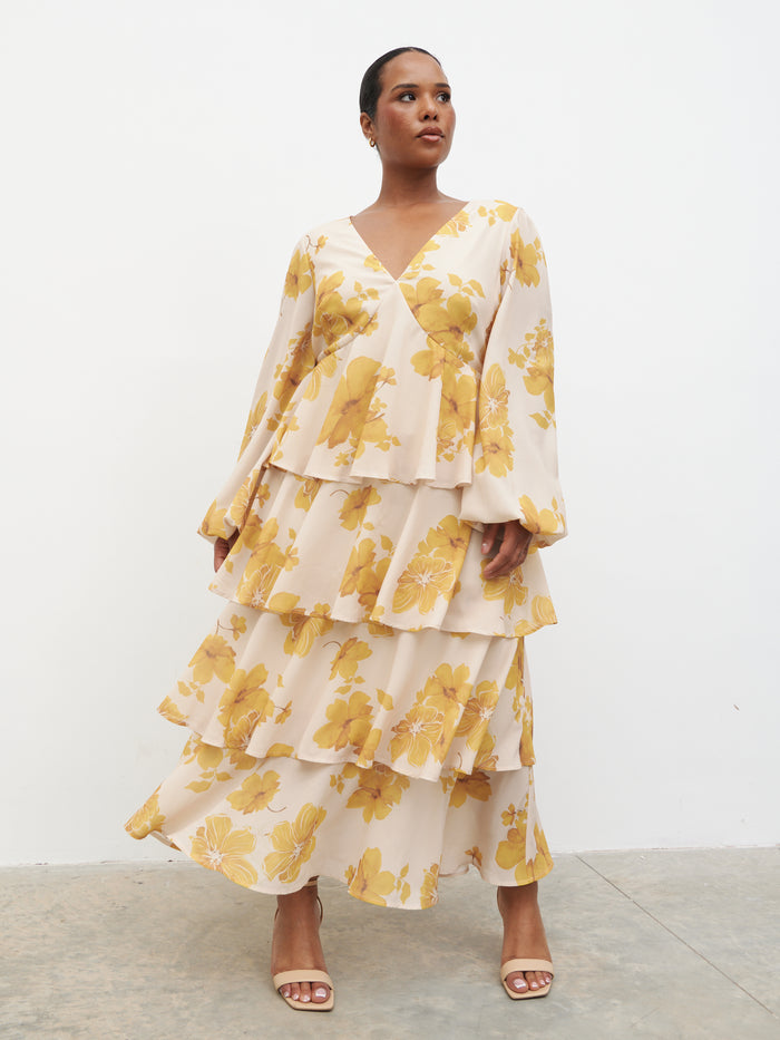 Steffy is 5'7" & Wears Size UK 18|Ashton Ruffle Midaxi Dress Curve - Yellow Ochre Floral