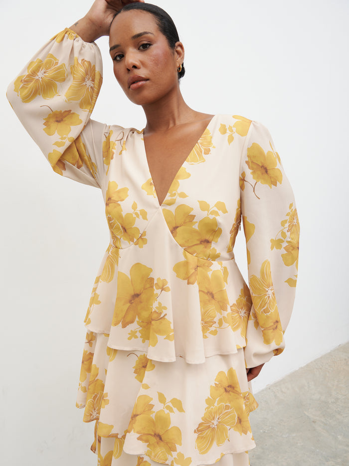 Steffy is 5'7" & Wears Size UK 18|Ashton Ruffle Midaxi Dress Curve - Yellow Ochre Floral