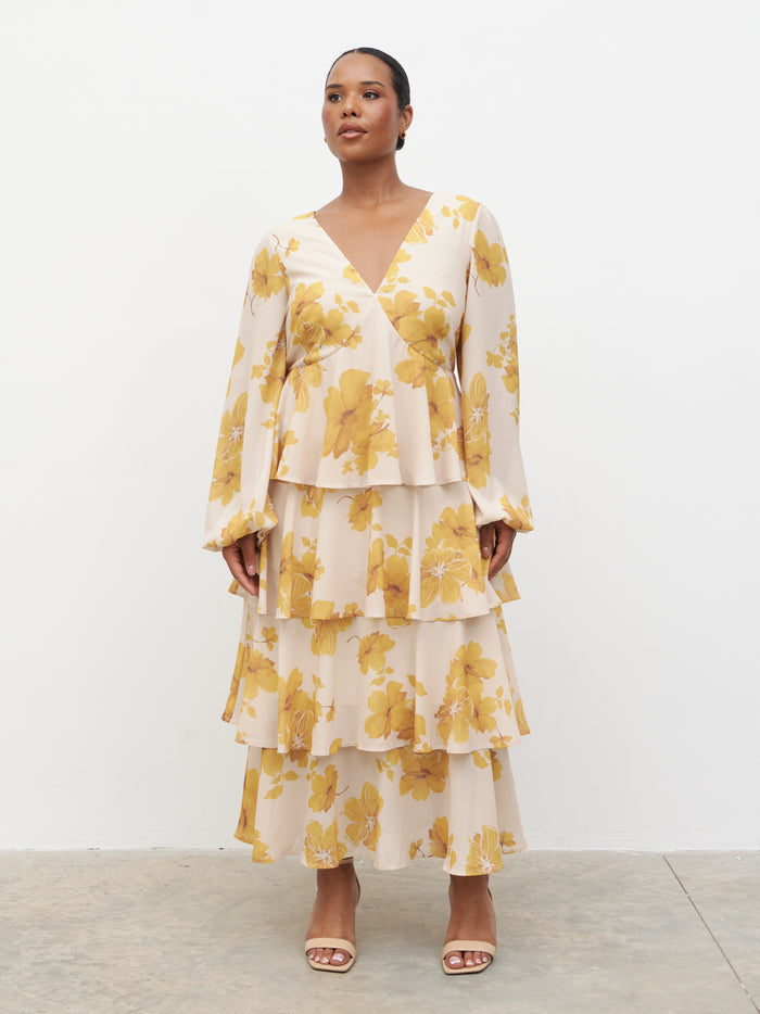 Steffy is 5'7" & Wears Size UK 18|Ashton Ruffle Midaxi Dress Curve - Yellow Ochre Floral