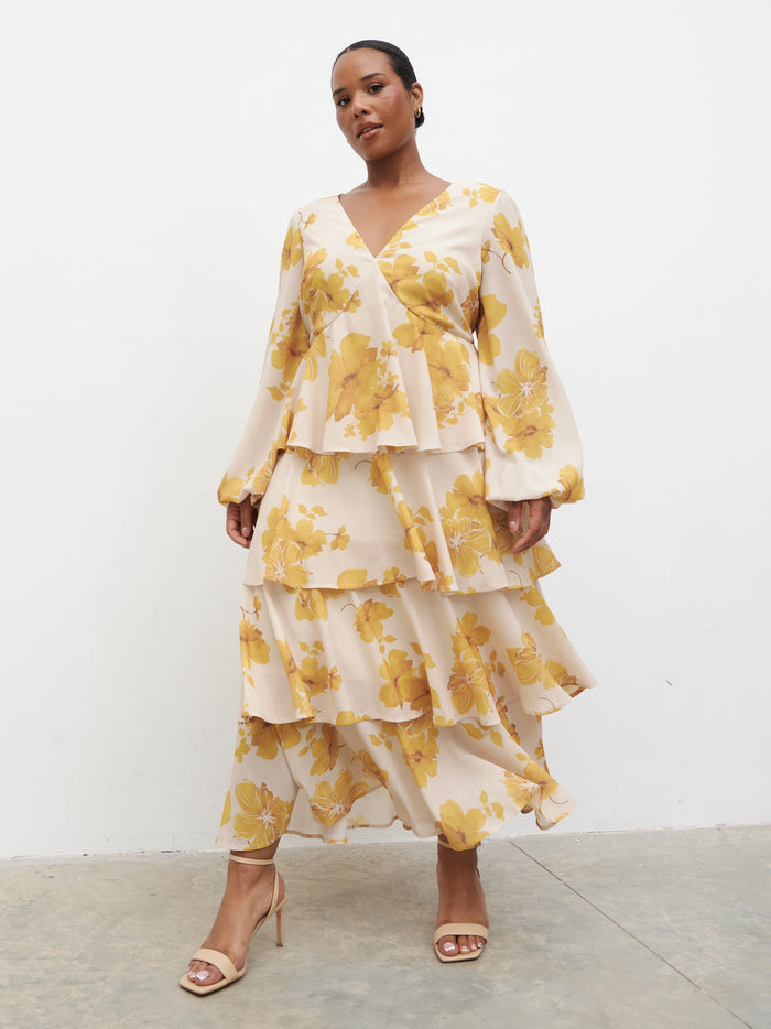 Steffy is 5'7" & Wears Size UK 18|Ashton Ruffle Midaxi Dress Curve - Yellow Ochre Floral