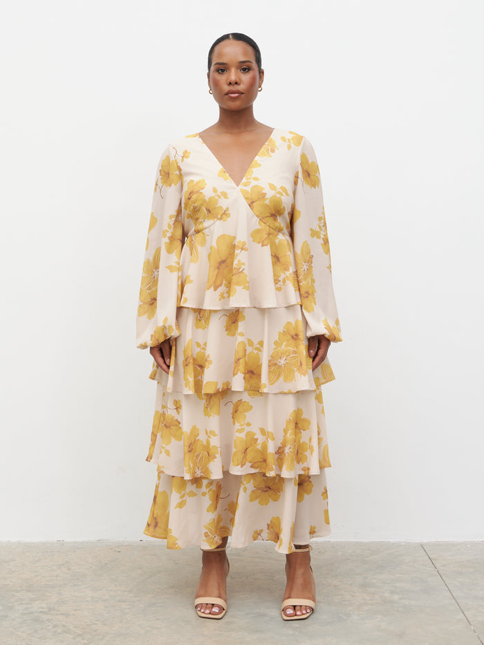 Steffy is 5'7" & Wears Size UK 18|Ashton Ruffle Midaxi Dress Curve - Yellow Ochre Floral