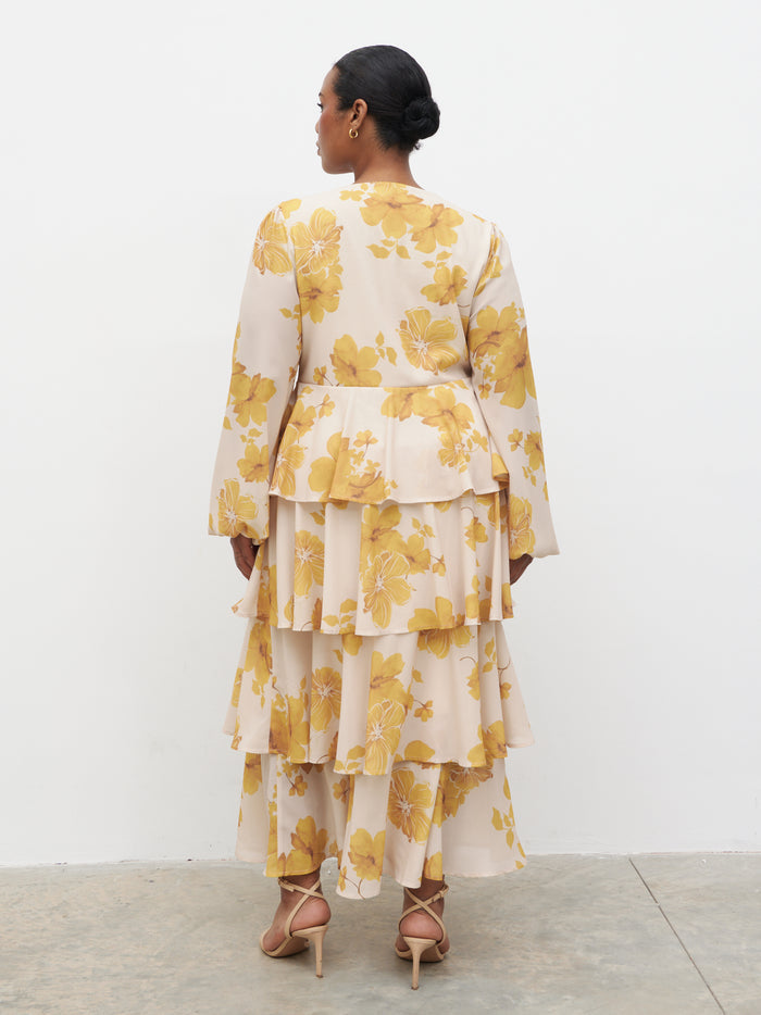 Steffy is 5'7" & Wears Size UK 18|Ashton Ruffle Midaxi Dress Curve - Yellow Ochre Floral