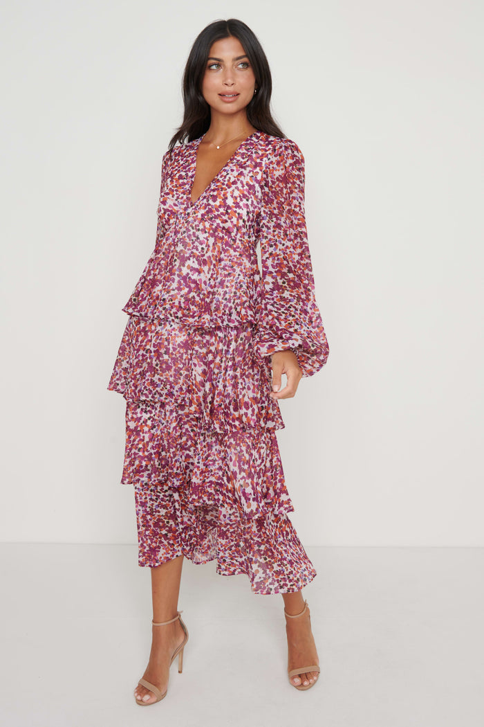 Lygia Is 5'9" & Wears Size UK 8|Ashton Ruffle Midi Dress  - Coral Abstract