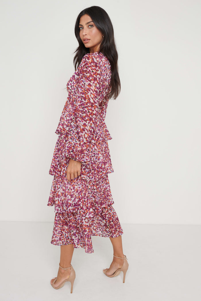 Lygia Is 5'9" & Wears Size UK 8|Ashton Ruffle Midi Dress  - Coral Abstract