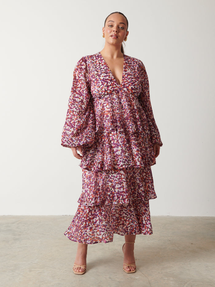 Romi Is 5'6.5" & Wears Size UK 18|Ashton Ruffle Midi Dress  - Coral Abstract