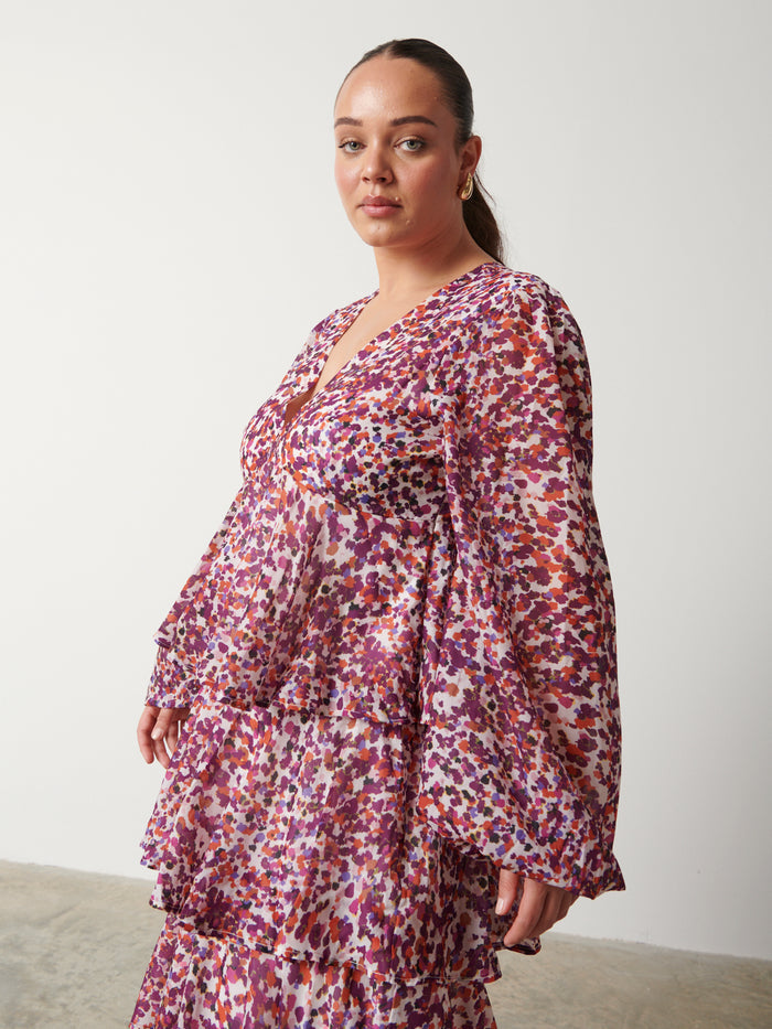 Romi Is 5'6.5" & Wears Size UK 18|Ashton Ruffle Midi Dress  - Coral Abstract