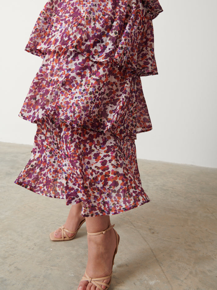 Romi Is 5'6.5" & Wears Size UK 18|Ashton Ruffle Midi Dress  - Coral Abstract