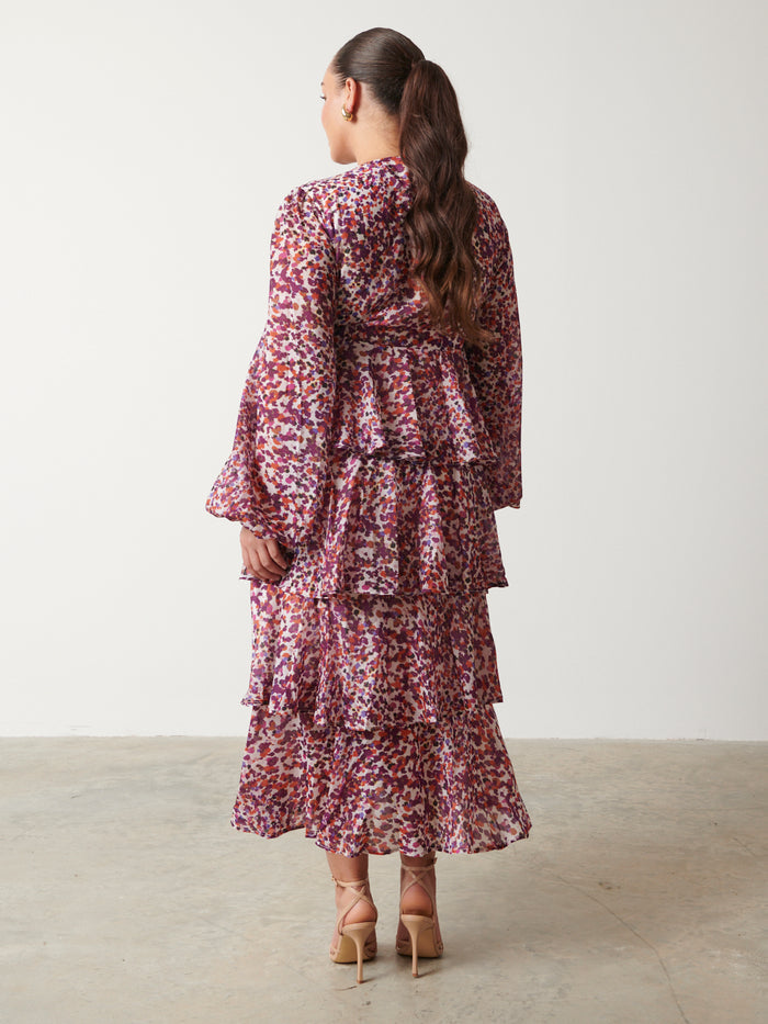 Romi Is 5'6.5" & Wears Size UK 18|Ashton Ruffle Midi Dress  - Coral Abstract