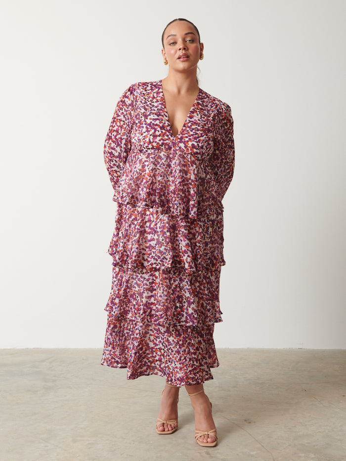 Romi Is 5'6.5" & Wears Size UK 18|Ashton Ruffle Midi Dress  - Coral Abstract