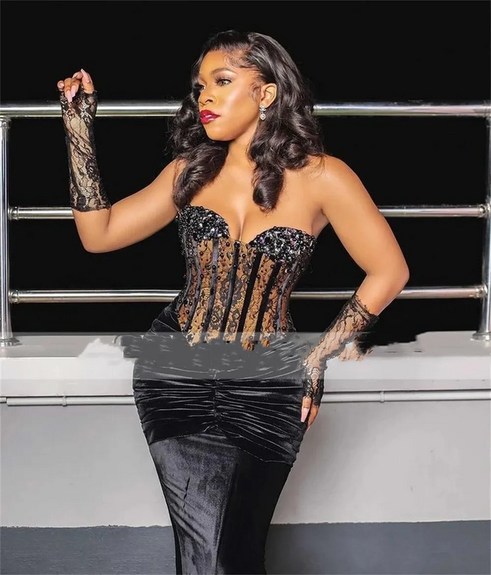Aso Ebi Black Velvet Mermaid Evening Dresses African Formal Gowns Sweetheart Prom Dress Beaded Elegant vestidos