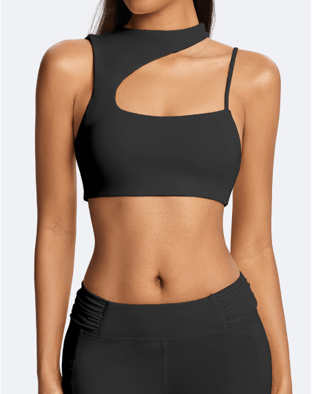 One-Shoulder Cutout Active Bra black Front View