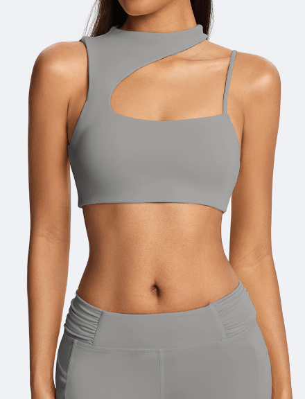 One-Shoulder Cutout Active Bra silver front view