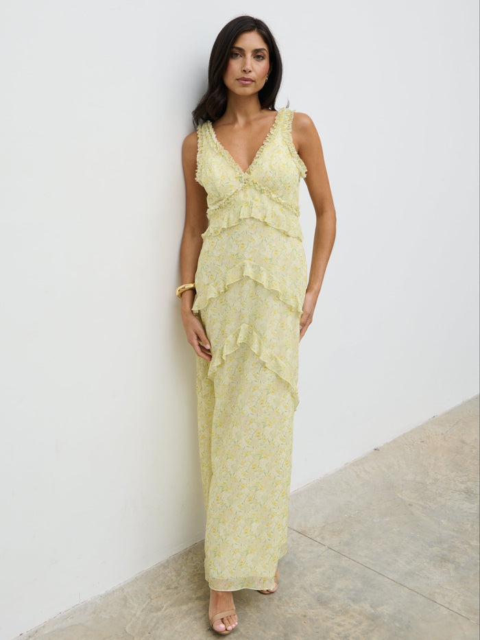 Lygia Is 5'9" & Wears Size UK 8|Aurelia Ruffle Maxi Dress - Lime Ditsy Floral