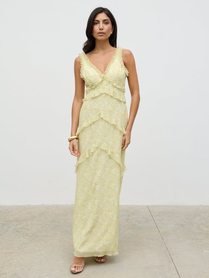 Lygia Is 5'9" & Wears Size UK 8|Aurelia Ruffle Maxi Dress - Lime Ditsy Floral