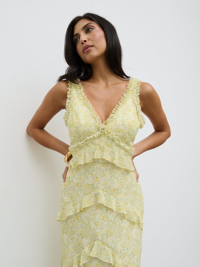 Lygia Is 5'9" & Wears Size UK 8|Aurelia Ruffle Maxi Dress - Lime Ditsy Floral