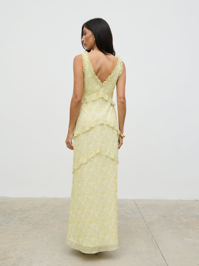 Lygia Is 5'9" & Wears Size UK 8|Aurelia Ruffle Maxi Dress - Lime Ditsy Floral