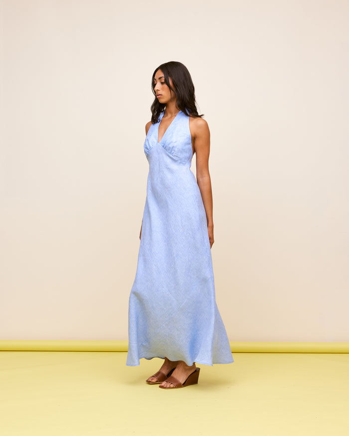 AVA LINEN HALTER DRESS BLUE MARLE