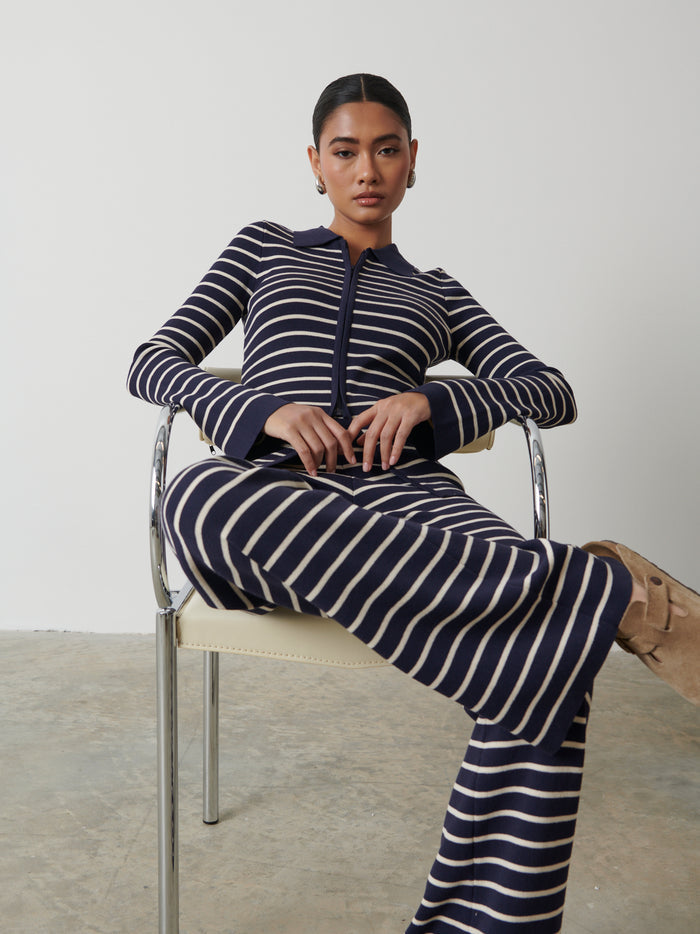 Candy Is 5'6" & Wears Size UK S|Avery Striped Zip Knit Top - Navy and Cream