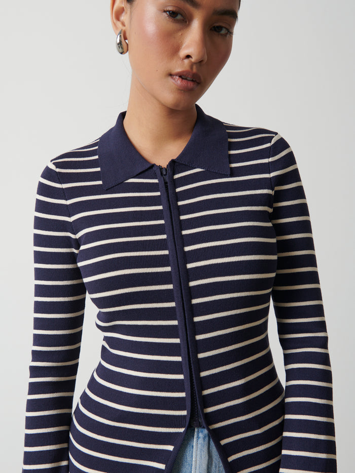 Candy Is 5'6" & Wears Size UK S|Avery Striped Zip Knit Top - Navy and Cream